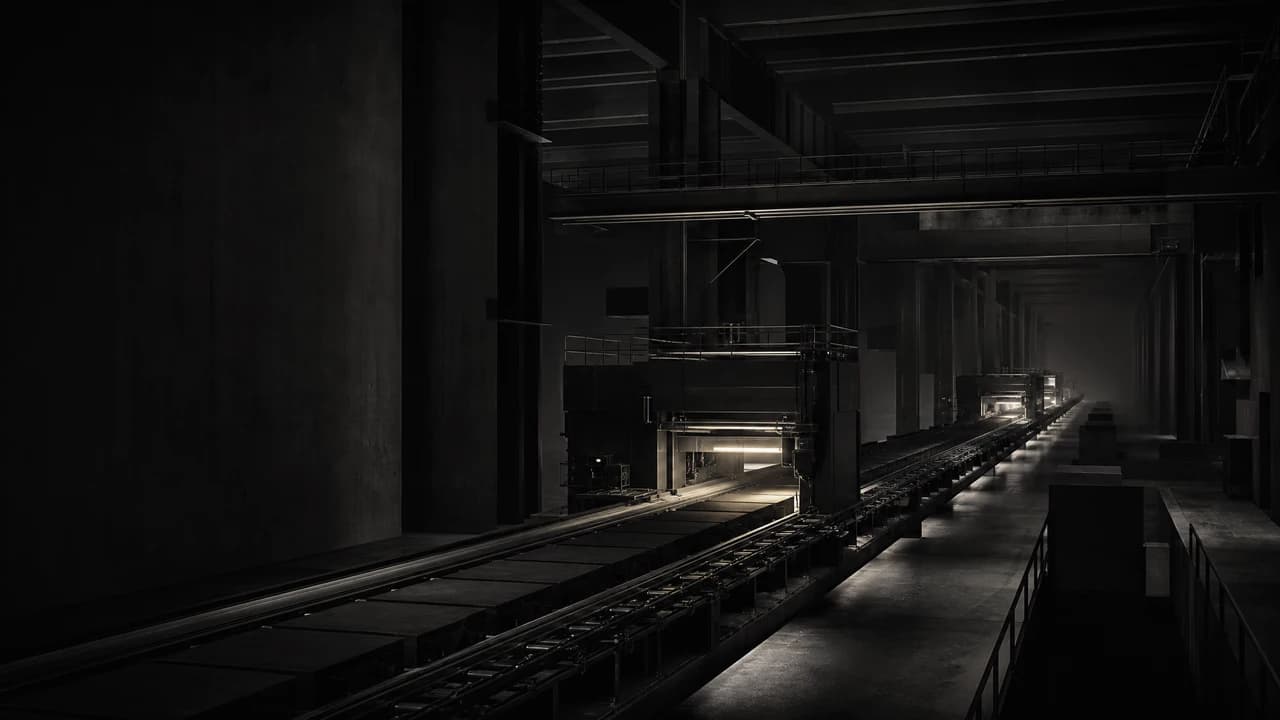 Abstract graphite view of industrial operations — factory-floor production lines and heavy-material structure under warm-white structural light.