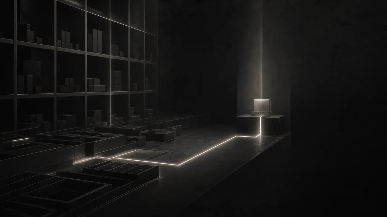 Abstract graphite view of commerce operations — organized inventory grids, shelving, and point-of-sale order flow under warm-white structural light.
